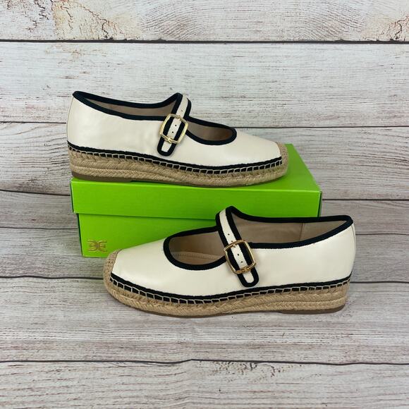 Sam Edelman Mackie Womens Sz 8.5M Mary Jane Espadrille Flats Ivory Black - Picture 1 of 11